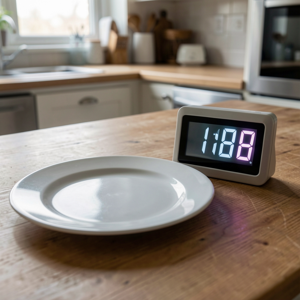 Empty plate on a kitchen table beside a digital clock showing late evening hours, representing irregular meal timing and skipped meals