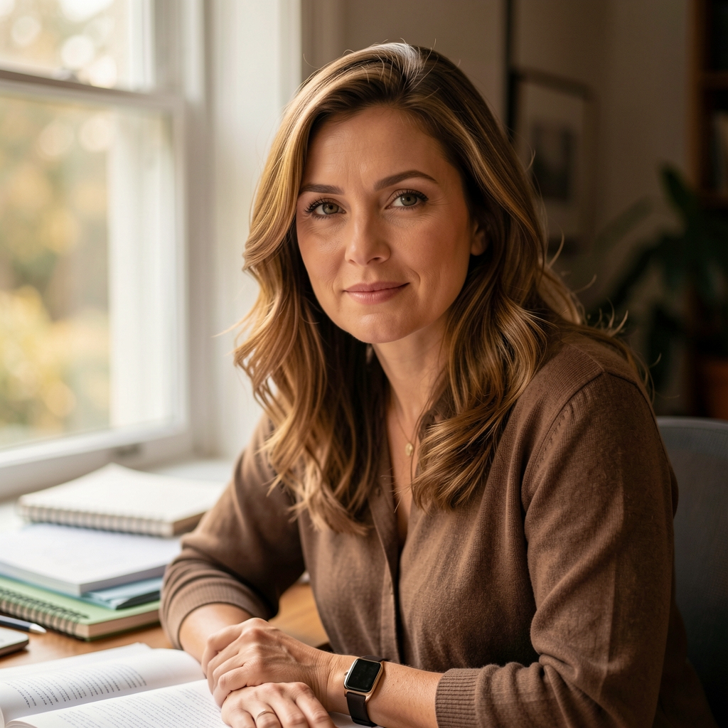Editorial portrait of a woman writer at a desk in natural window light, notebooks and printed drafts visible in background, warm ambient tone