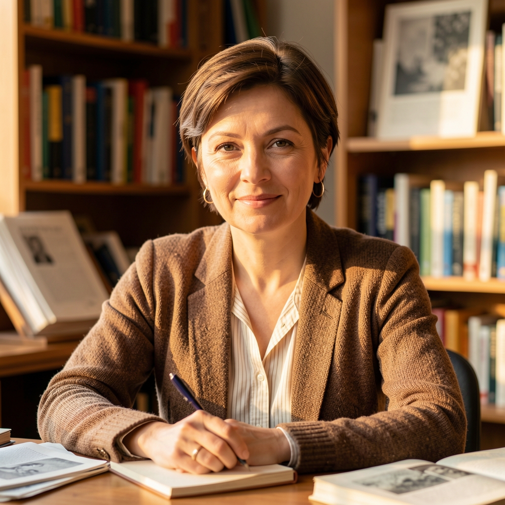 Editorial portrait of a female writer with short hair at a writing desk in warm afternoon light with bookshelves and printed pages visible in background