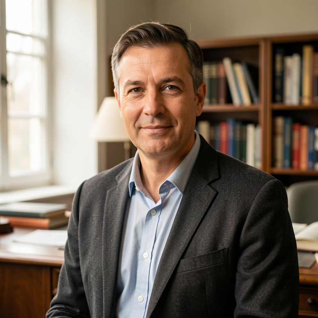 Editorial portrait of a male writer photographed in a well-lit study with books, a wooden desk, and afternoon light coming through a tall window
