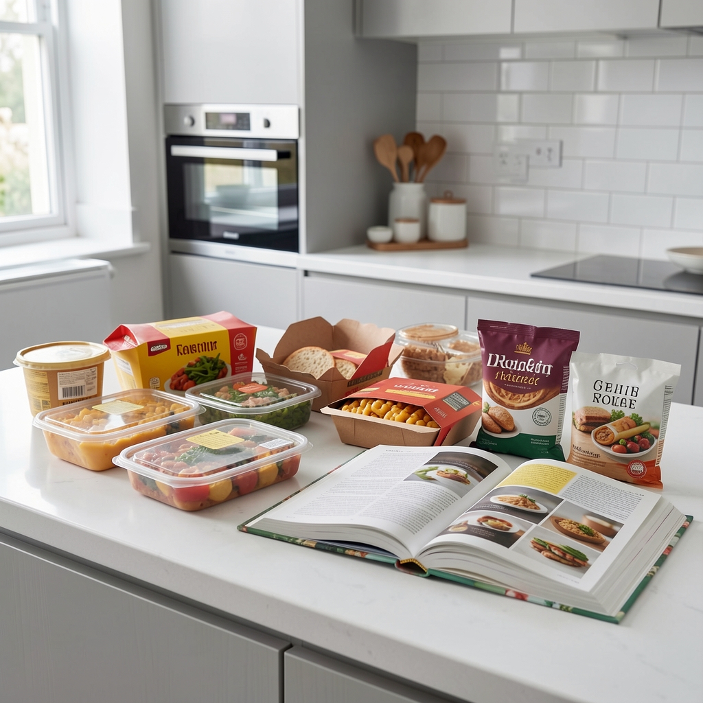 Cluttered kitchen counter with ready meals, takeaway packaging and an open cookbook in soft editorial light, representing modern food habit patterns